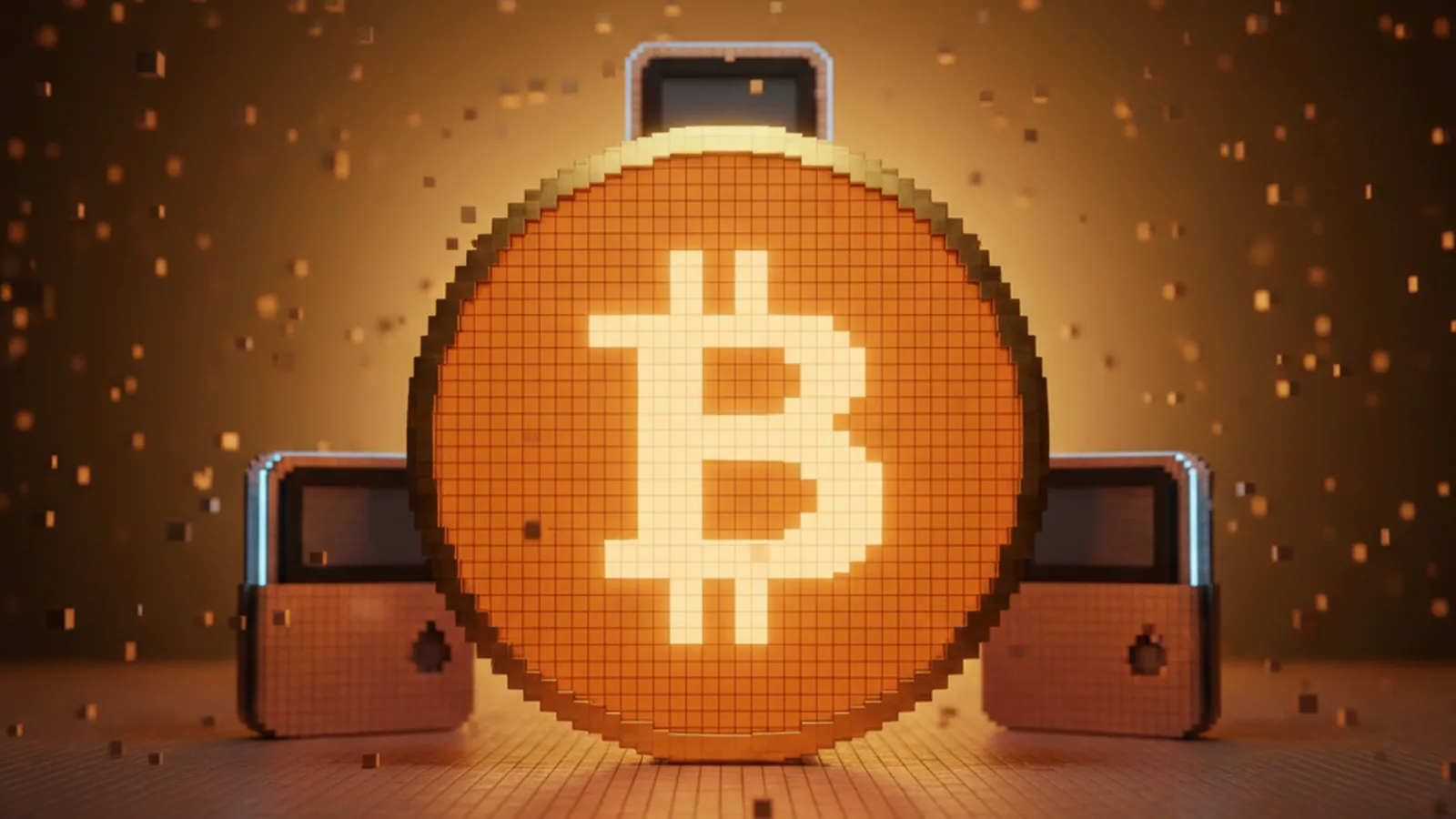 Voxel Bitcoin coin in the centre surrounded by three hardware wallet voxel devices on a smoky amber backdrop