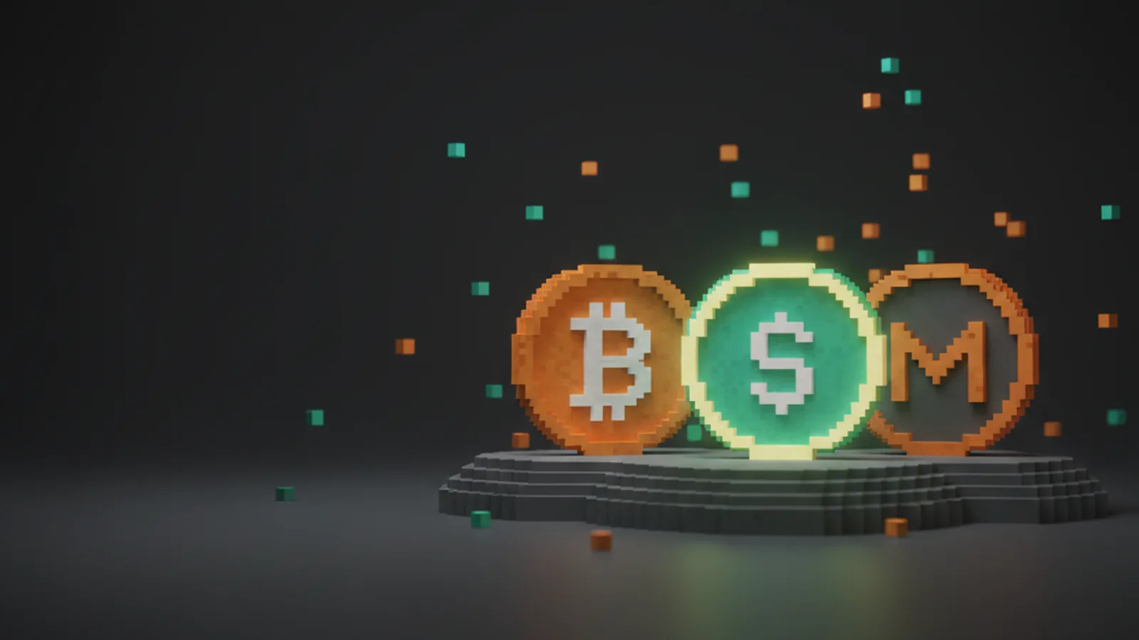 Bitcoin, Tether, and Monero coins arranged next to a merchant payment terminal screen
