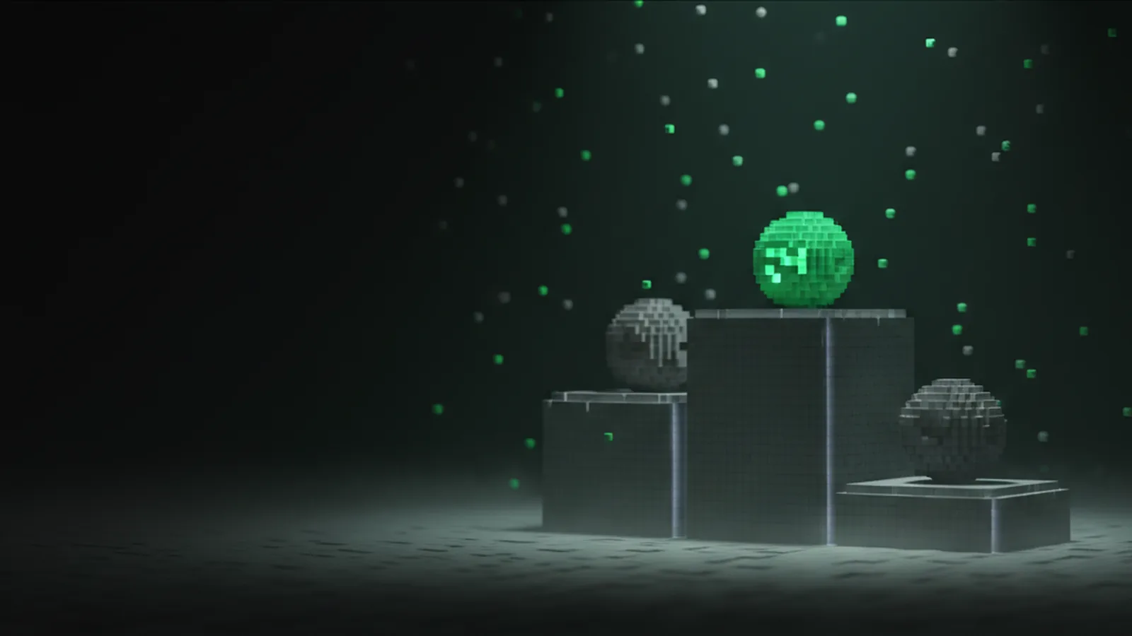 Шесть voxel-подиумов с провайдерами обмена крипты в неоновой тёмной студии