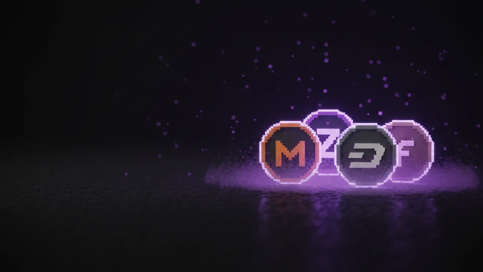 Четыре voxel-монеты с буквами M, Z, D и F, сгруппированы и полускрыты фиолетовой дымкой приватности