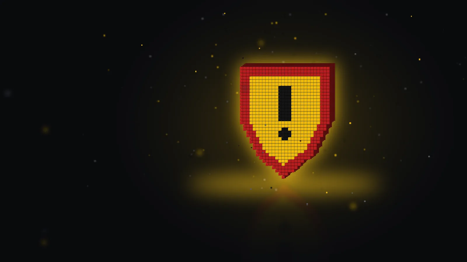 Voxel shield in Binance yellow with a dark red rim and a black exclamation mark, floating cubes on a dark background