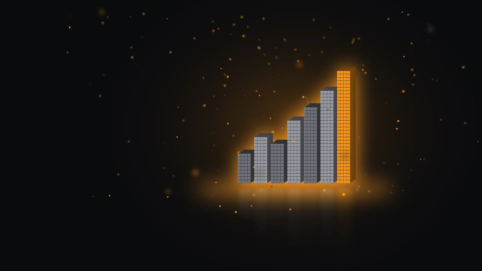 Voxel rising chart in bitcoin orange with a white upward-trend glyph, floating cubes on a dark background