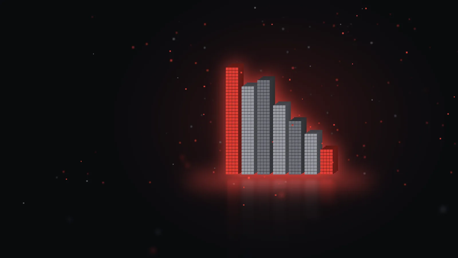 Voxel downward chart in red with a dark red rim and cream accents, floating cubes on a dark background