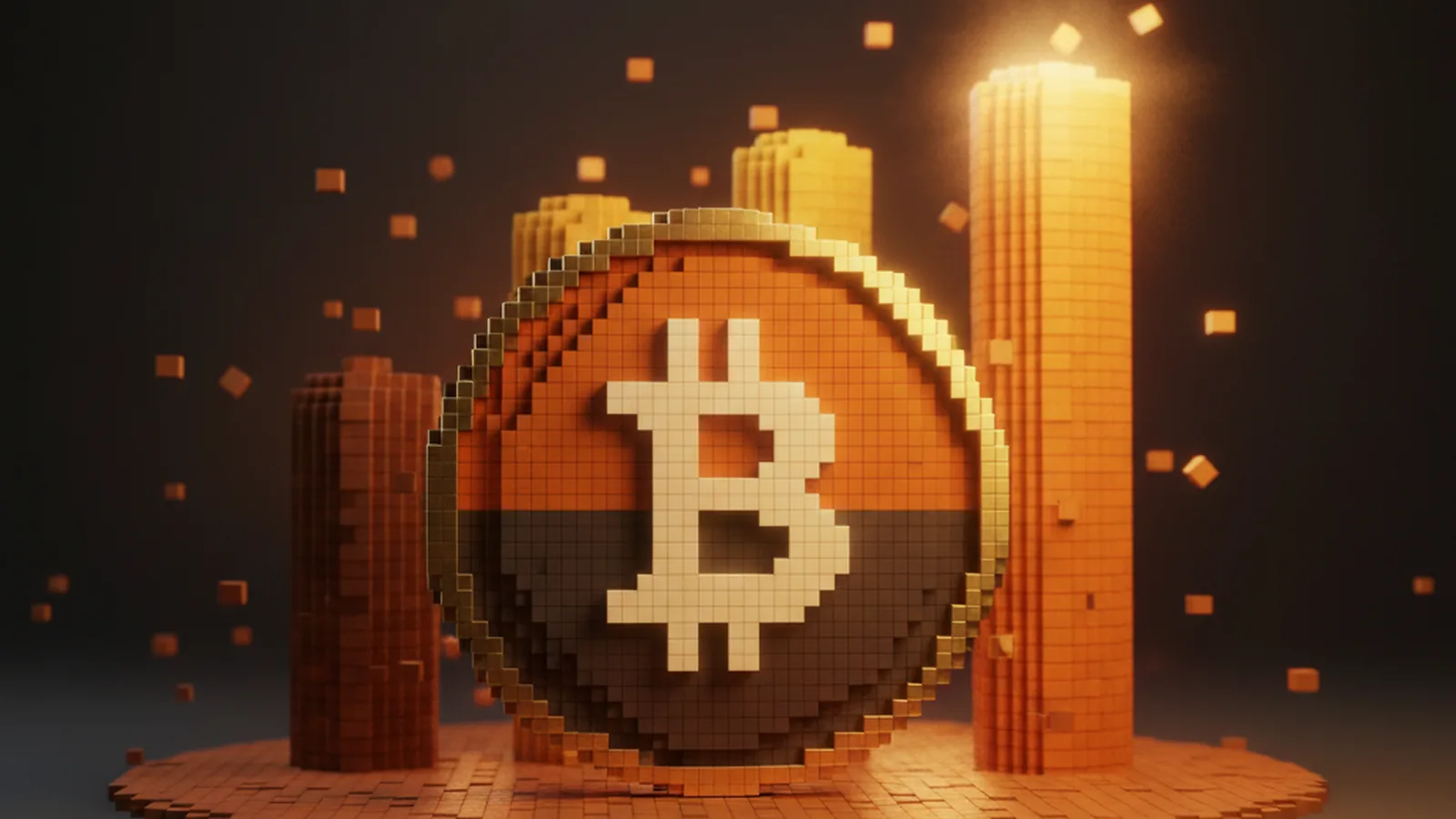 Voxel Bitcoin coin with B above three ascending amber voxel bar columns, copper particles drifting on dark amber backdrop