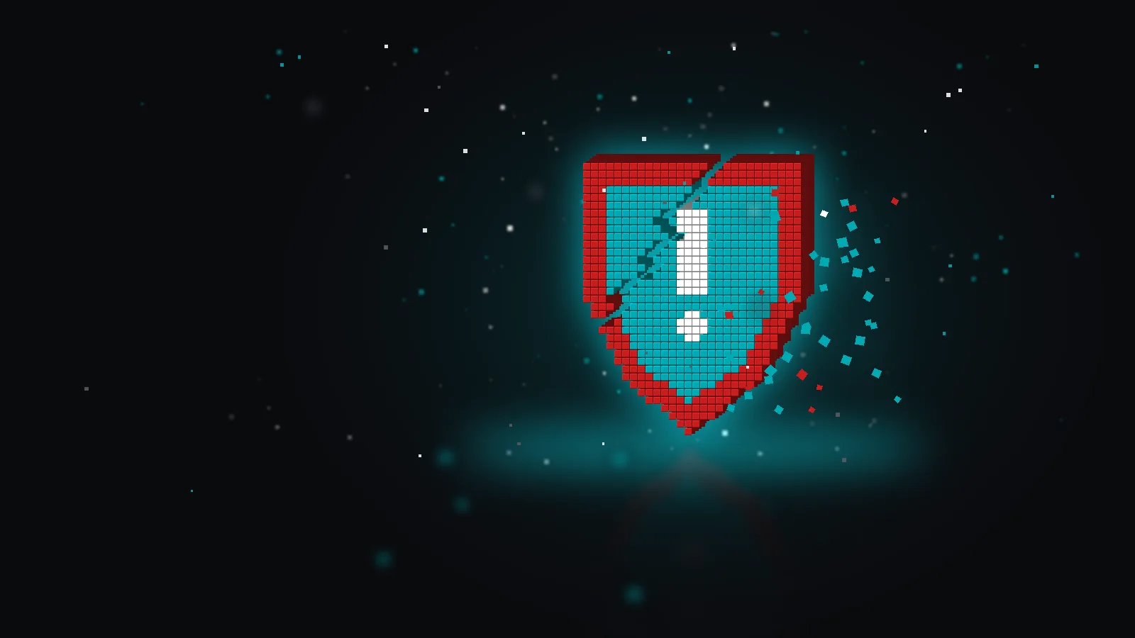 Voxel shield in teal with a red rim and a white exclamation mark, cracked, with debris cubes, floating cubes on a dark background