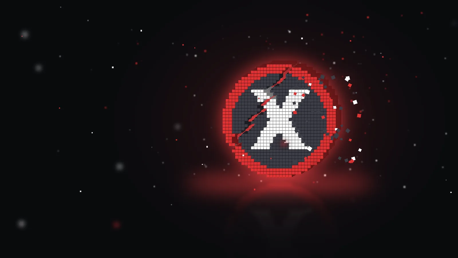 Voxel coin in dark graphite with a red rim and a white X, cracked, with debris cubes, floating cubes on a dark background