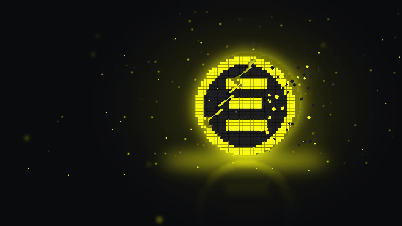 Voxel coin in black with a yellow rim and a yellow Ξ glyph, cracked, with debris cubes, floating cubes on a dark background