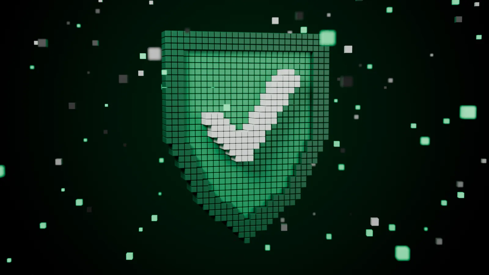Voxel shield in emerald green with a white check mark, floating cubes on a dark background