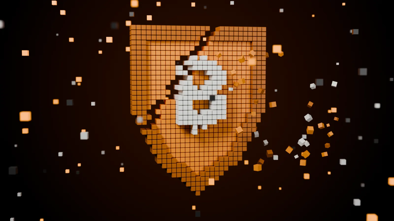 Voxel shield in bitcoin orange with a white ₿ sign, cracked diagonally, with debris cubes flying on a dark background