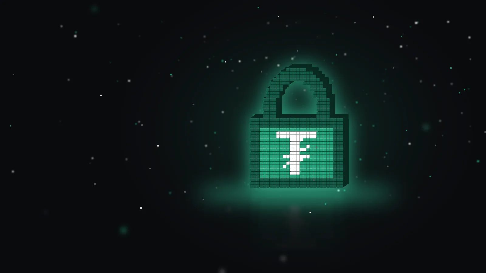 Воксельный замок бирюзово-зелёного цвета с белым символом Tether ₮, парящие кубики на тёмном фоне