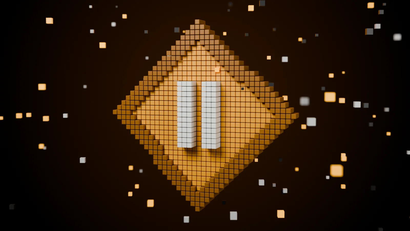 Voxel diamond in amber with a white pause symbol, surrounded by floating cubes on a dark background