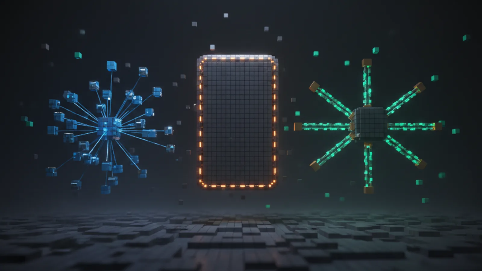 Three voxel structures — DEX node network, CEX vault tower, swap aggregator routing hub — on a deep slate backdrop