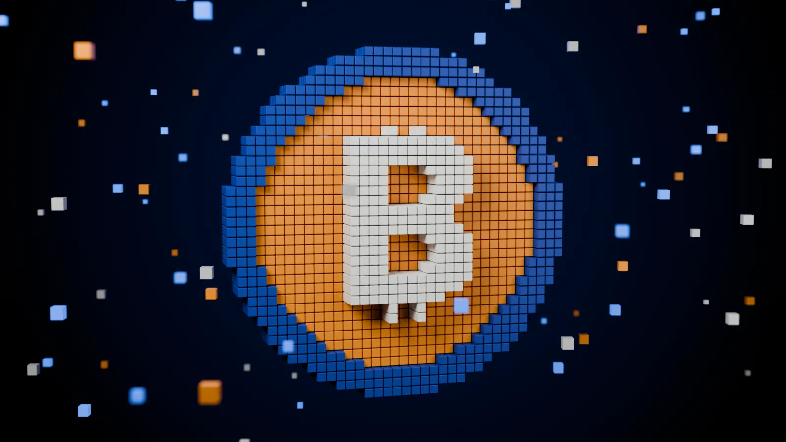 Voxel-style bitcoin-orange coin with a white ₿ symbol and a deep blue rim, surrounded by floating cubes on a dark background