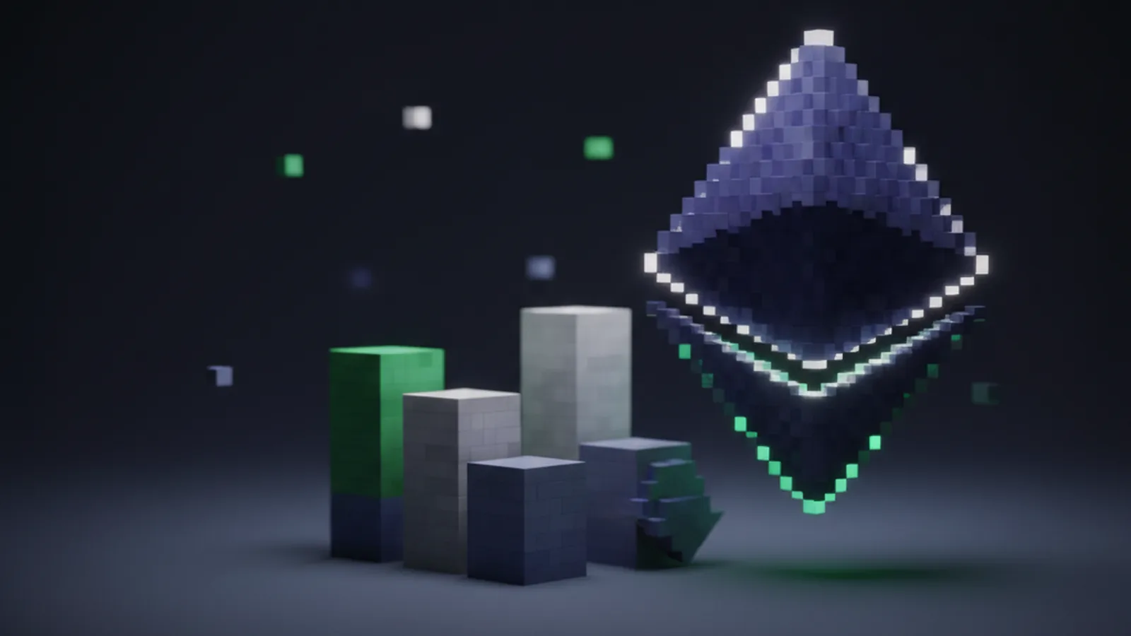 Voxel Ethereum diamond above dual-tone amber and violet ascending bar columns on a dark backdrop