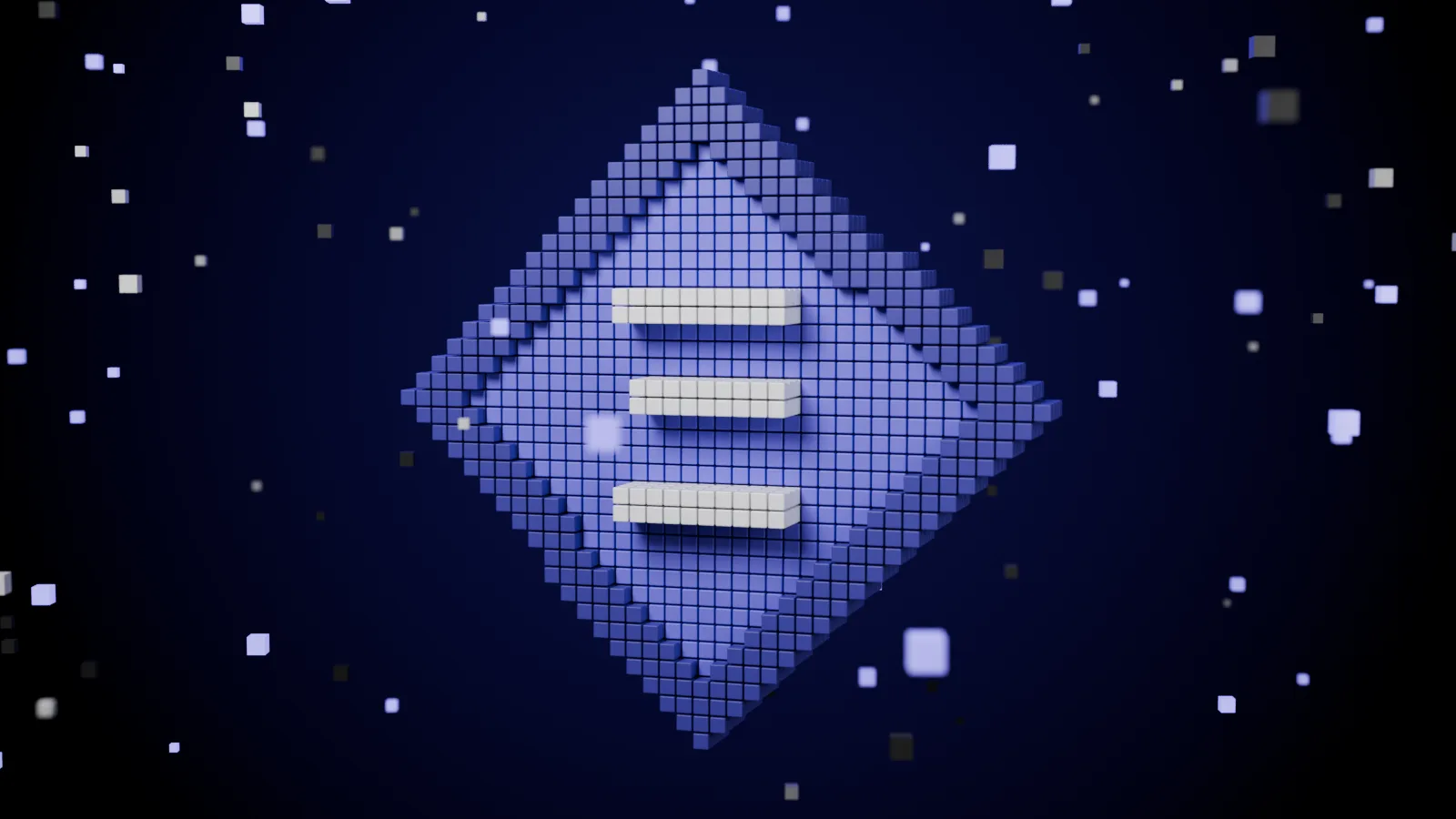 Violet voxel diamond with a white Ethereum Ξ sign and floating cubes on a dark background