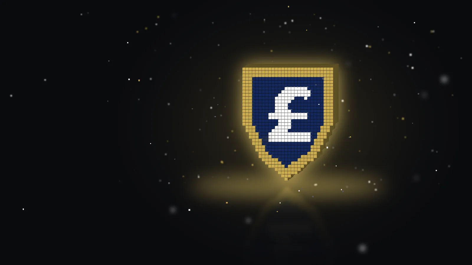 Voxel shield in deep navy with a gold rim and a white pound sign, floating cubes on a dark background