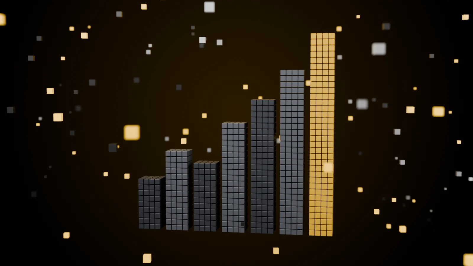 Voxel bar chart rising from left to right, grey bars with a gold accent bar, floating cubes on a dark background