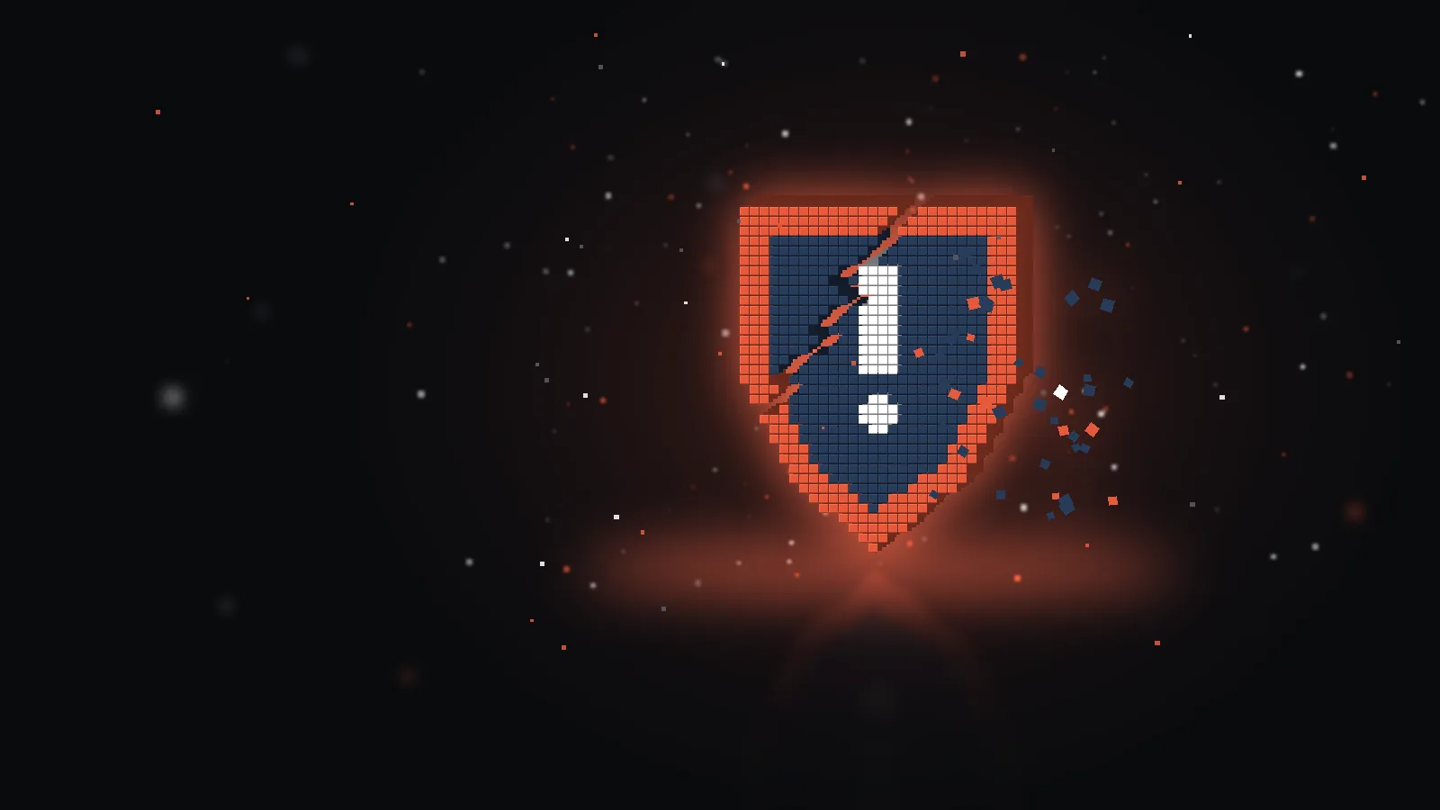 Voxel shield in dark navy blue with an orange-red rim and a white exclamation mark, cracked, with debris cubes, floating cubes on a dark background