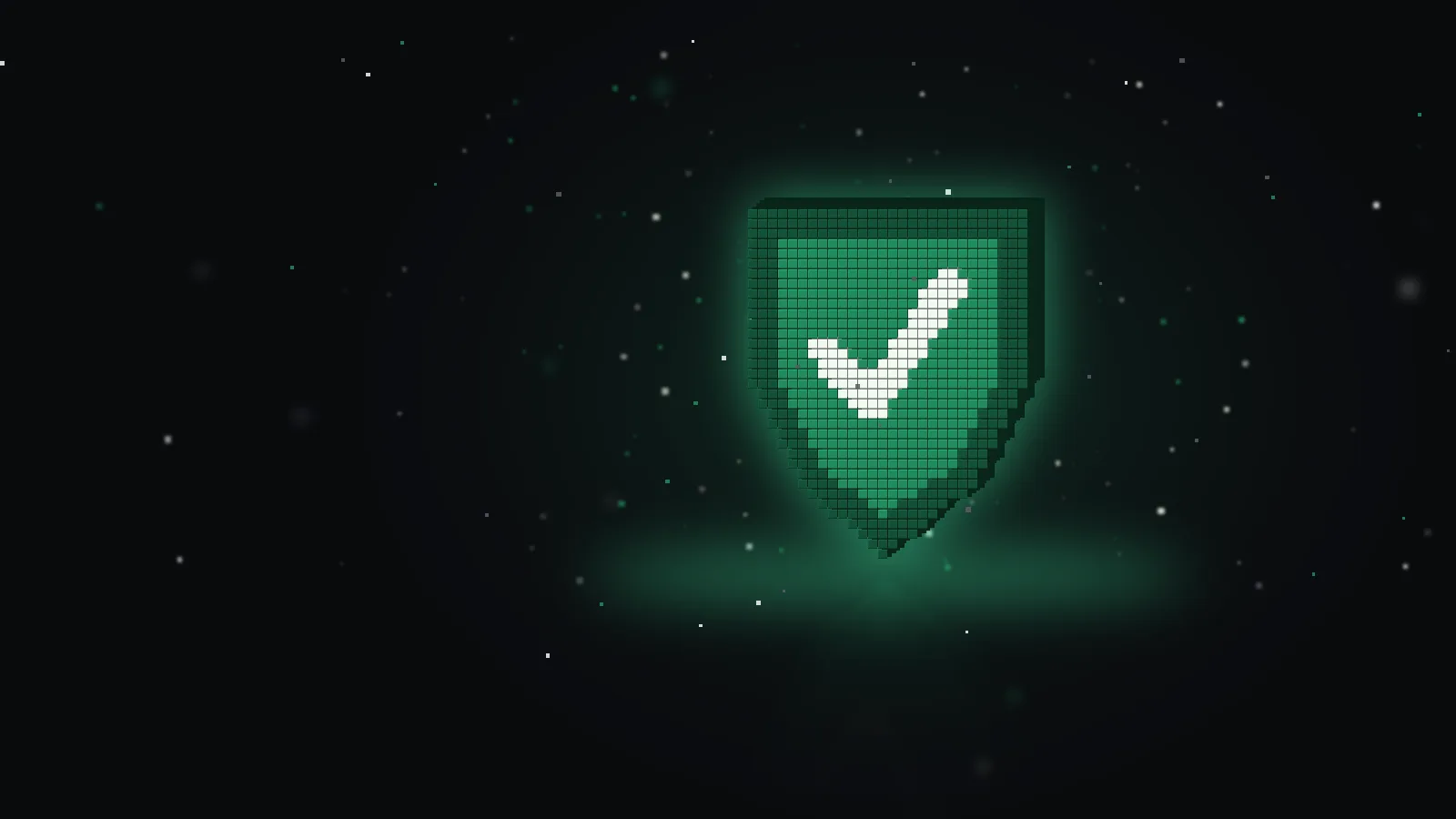 Voxel shield in green with a white check mark, floating cubes on a dark background