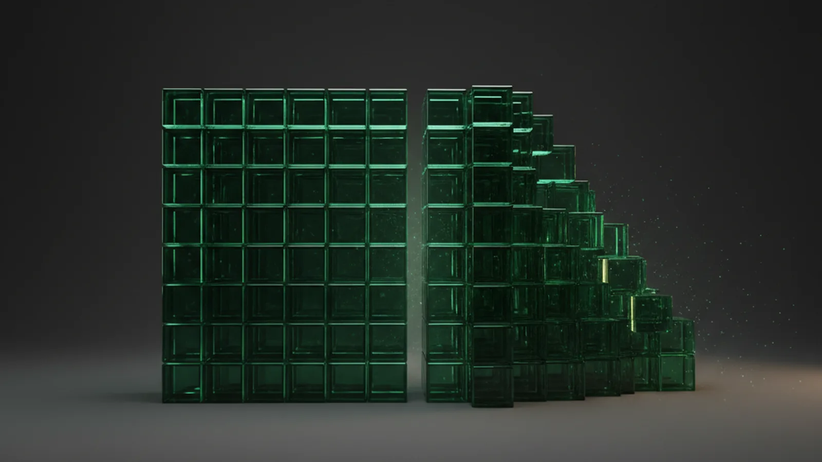 Two emerald hourglasses on a glass scale against a dark gradient — left one frozen, right one with flowing sand