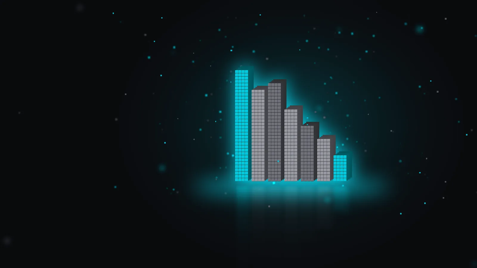 Voxel falling chart in dark slate blue with a cyan rim and a white downward-trend glyph, floating cubes on a dark background