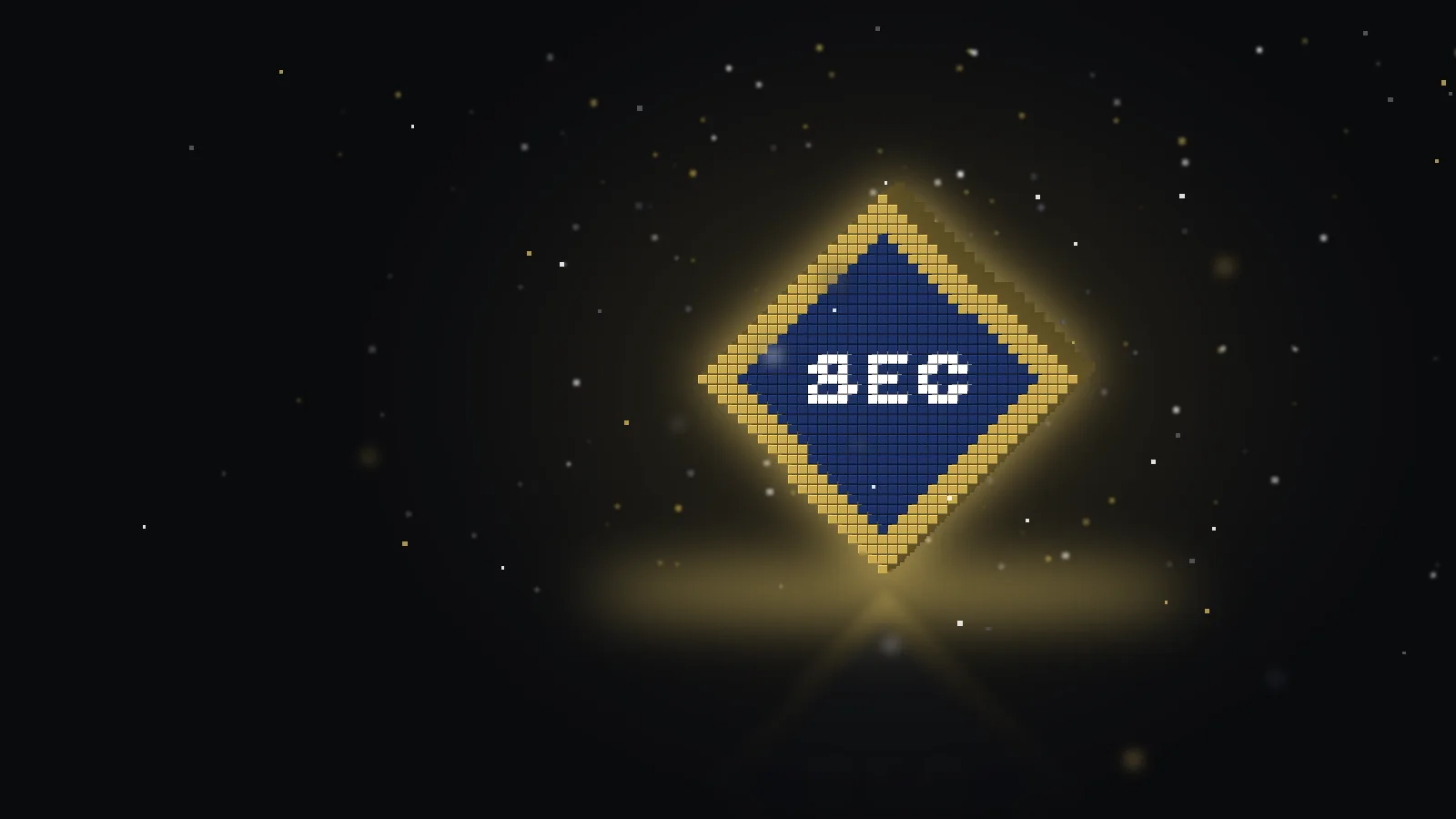 Voxel diamond in navy blue with a gold rim and white SEC letters, floating cubes on a dark background