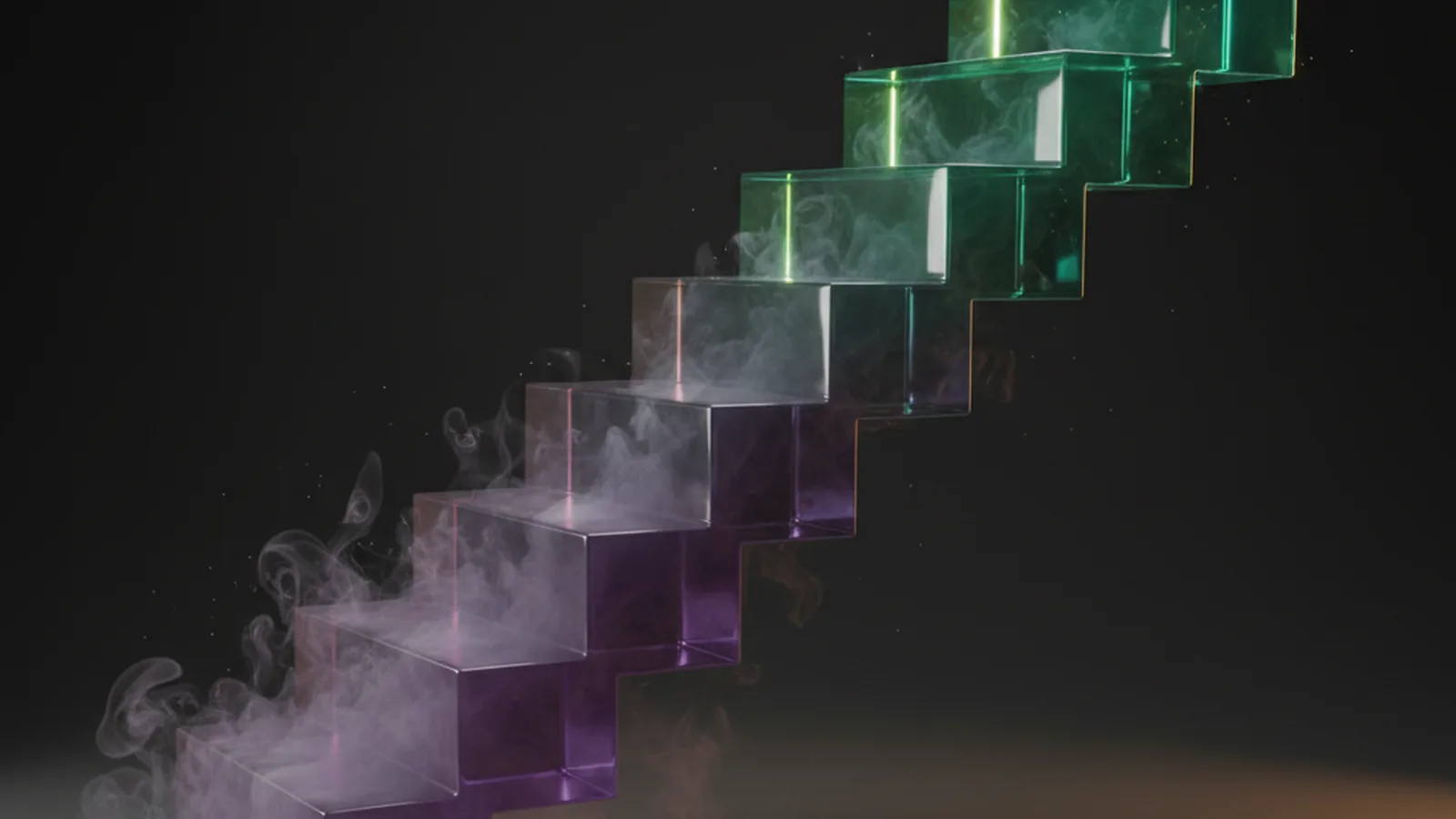 Stepped glass staircase descending diagonally — emerald blocks at the top fading into violet mist at the bottom