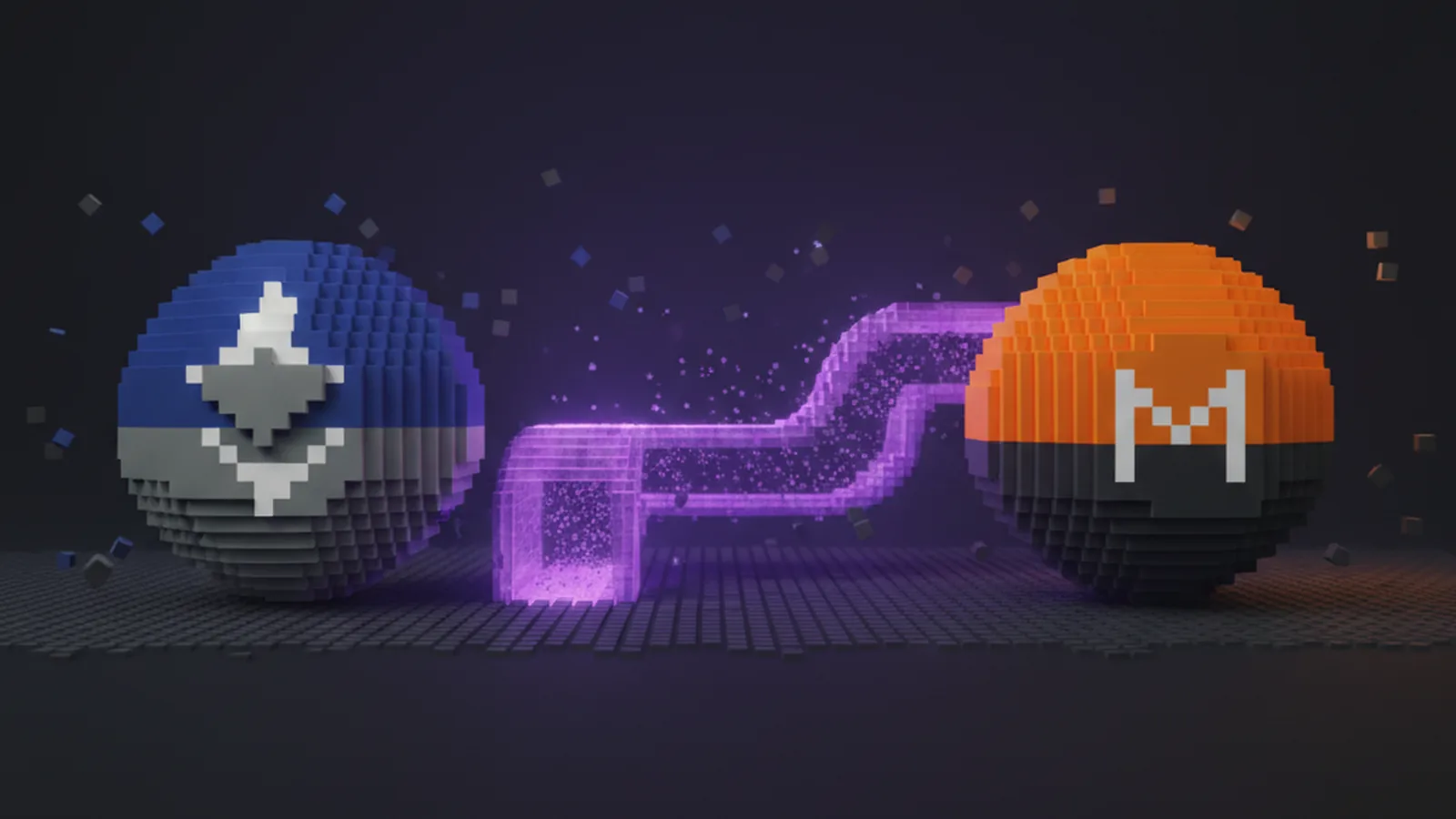 Voxel Ethereum sphere left and voxel Monero sphere right, joined by a curved violet voxel privacy tunnel between them