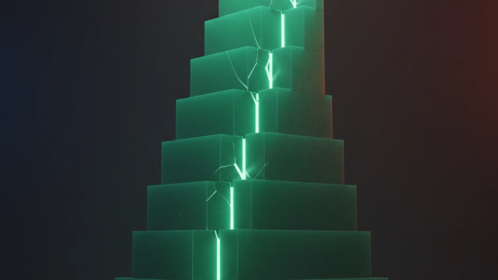 Tall emerald glass blocks of descending heights arranged on a dark surface, with a faint green glow at the base