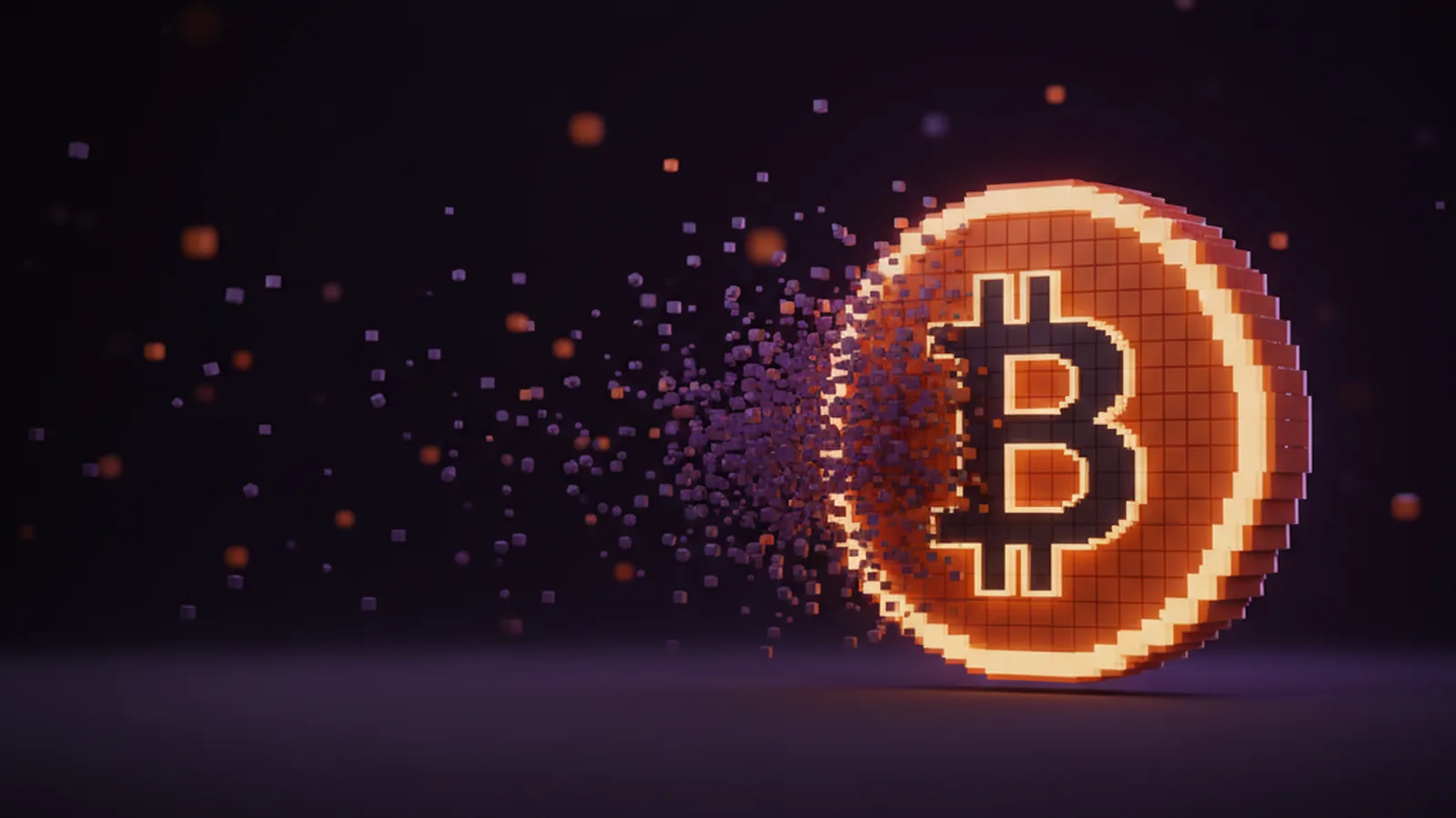 Monero logo dissolving into Bitcoin coin on a dark gradient background