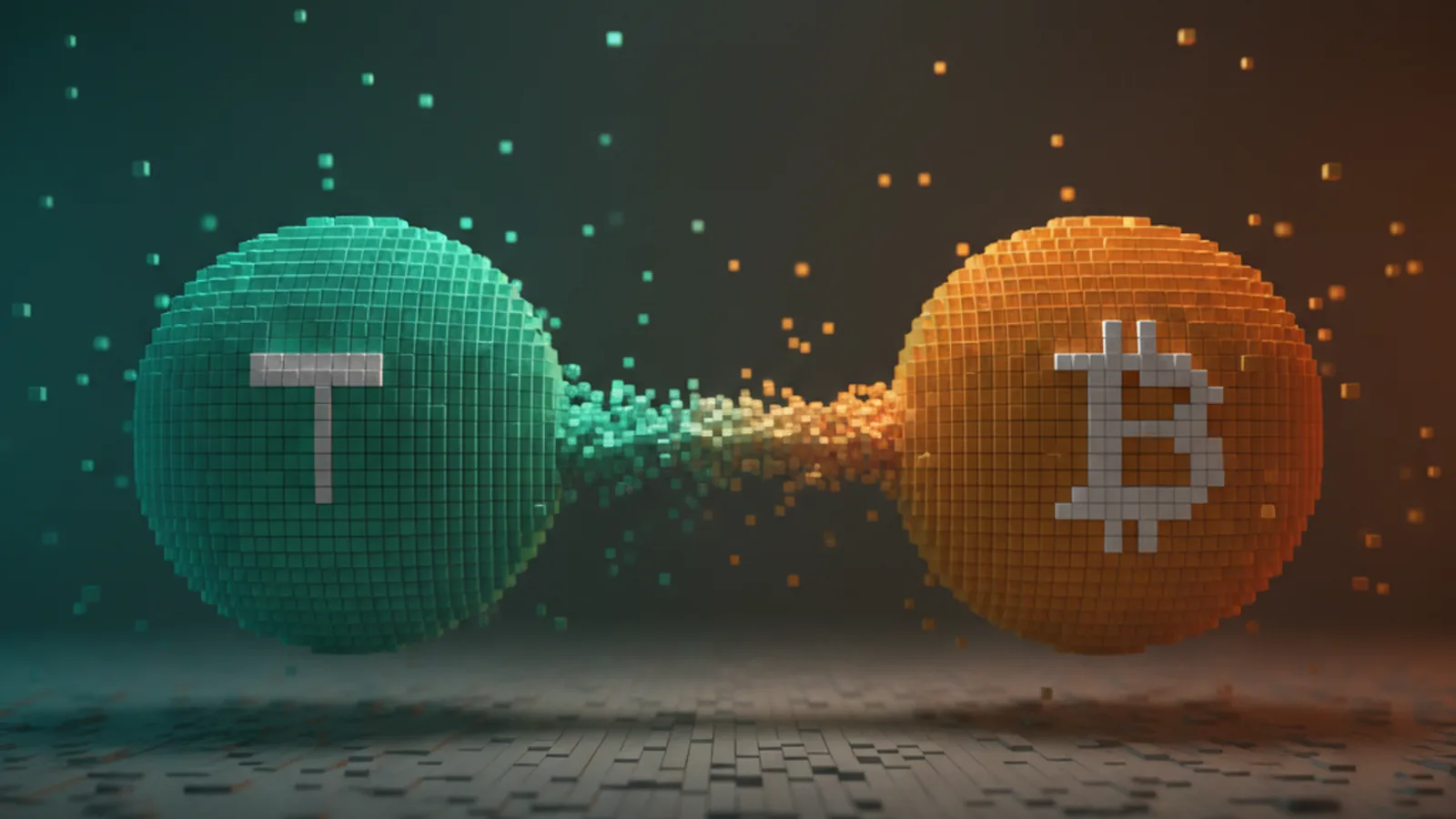 Voxel USDT mint-green sphere on the left connected to a voxel Bitcoin amber sphere on the right by a flowing cube stream