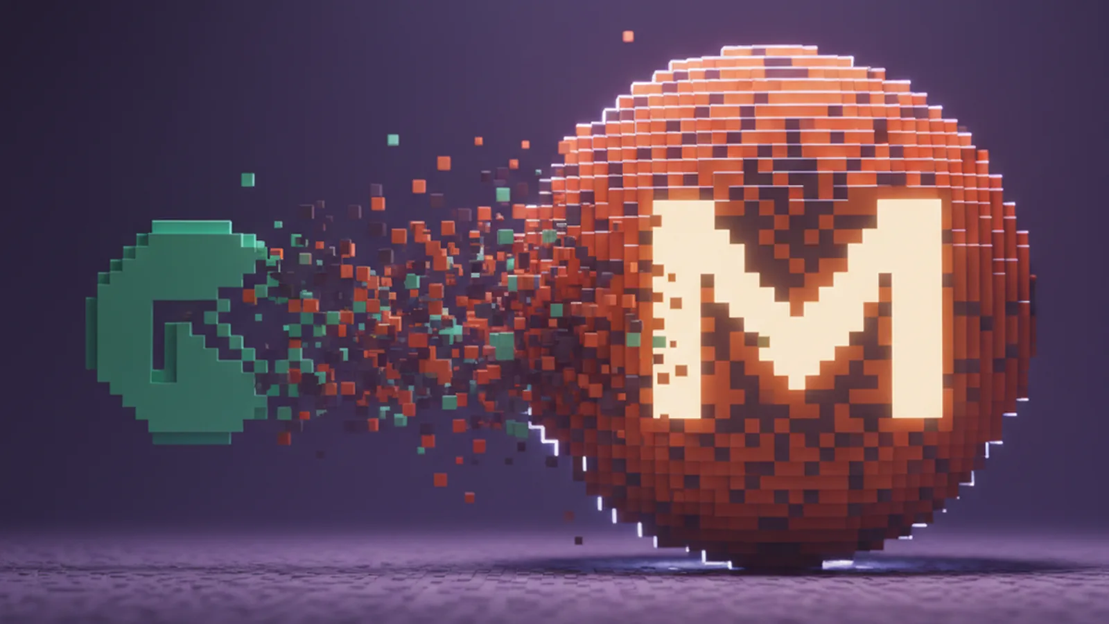 Voxel Tron token dissolving into a stream of cubes that reform into a violet Monero orb