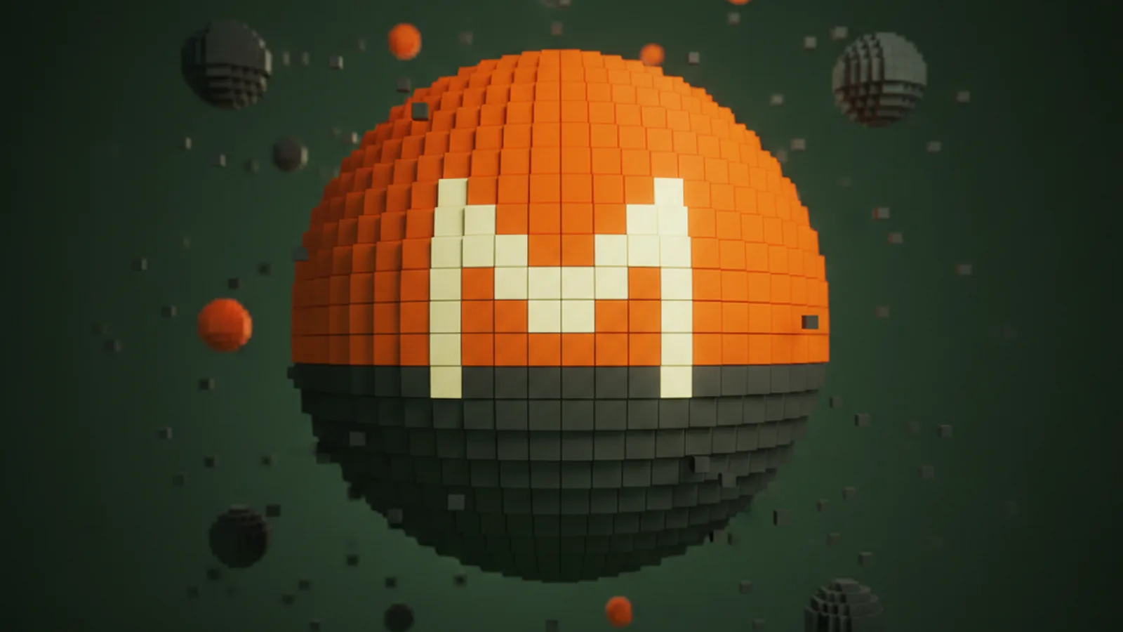 Voxel Monero sphere with orange top, graphite bottom and pixelated white M, surrounded by small dark-green voxel cubes