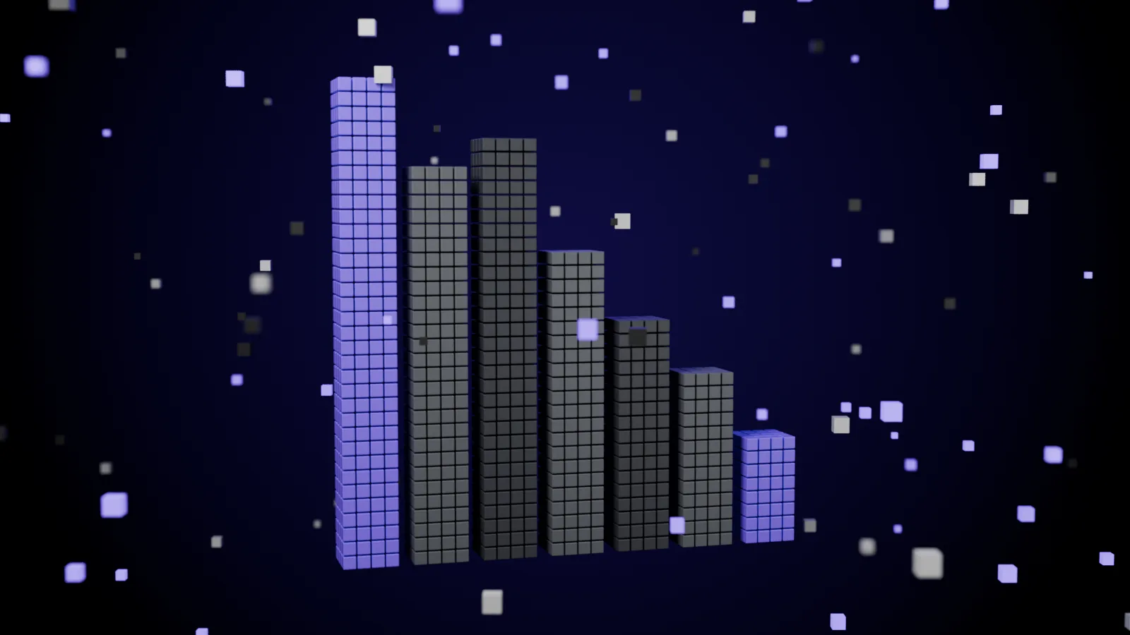Voxel bar chart falling from left to right, grey bars with violet accents and floating cubes on a dark background