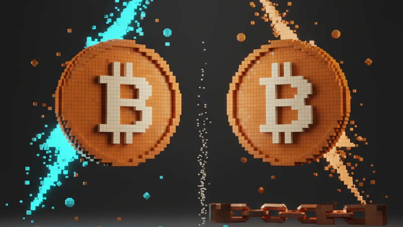 Two voxel Bitcoin medallions — one flanked by an electric-blue voxel lightning bolt, one by a heavy bronze voxel chain