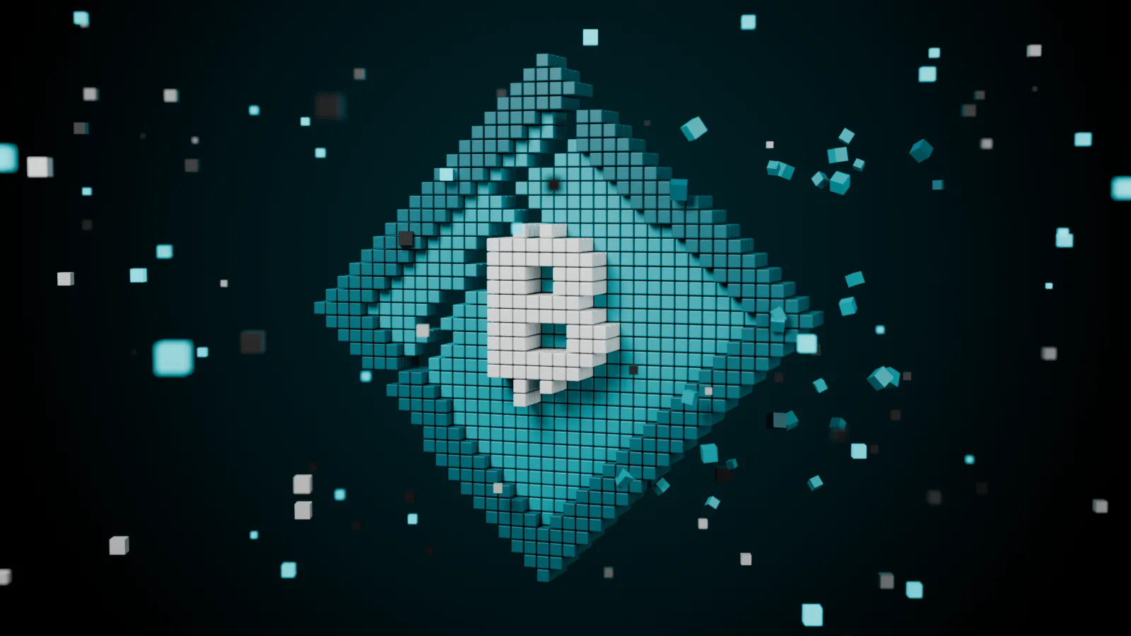 Cracked voxel-style teal diamond with a white ₿ sign, with debris cubes flying off it on a dark background