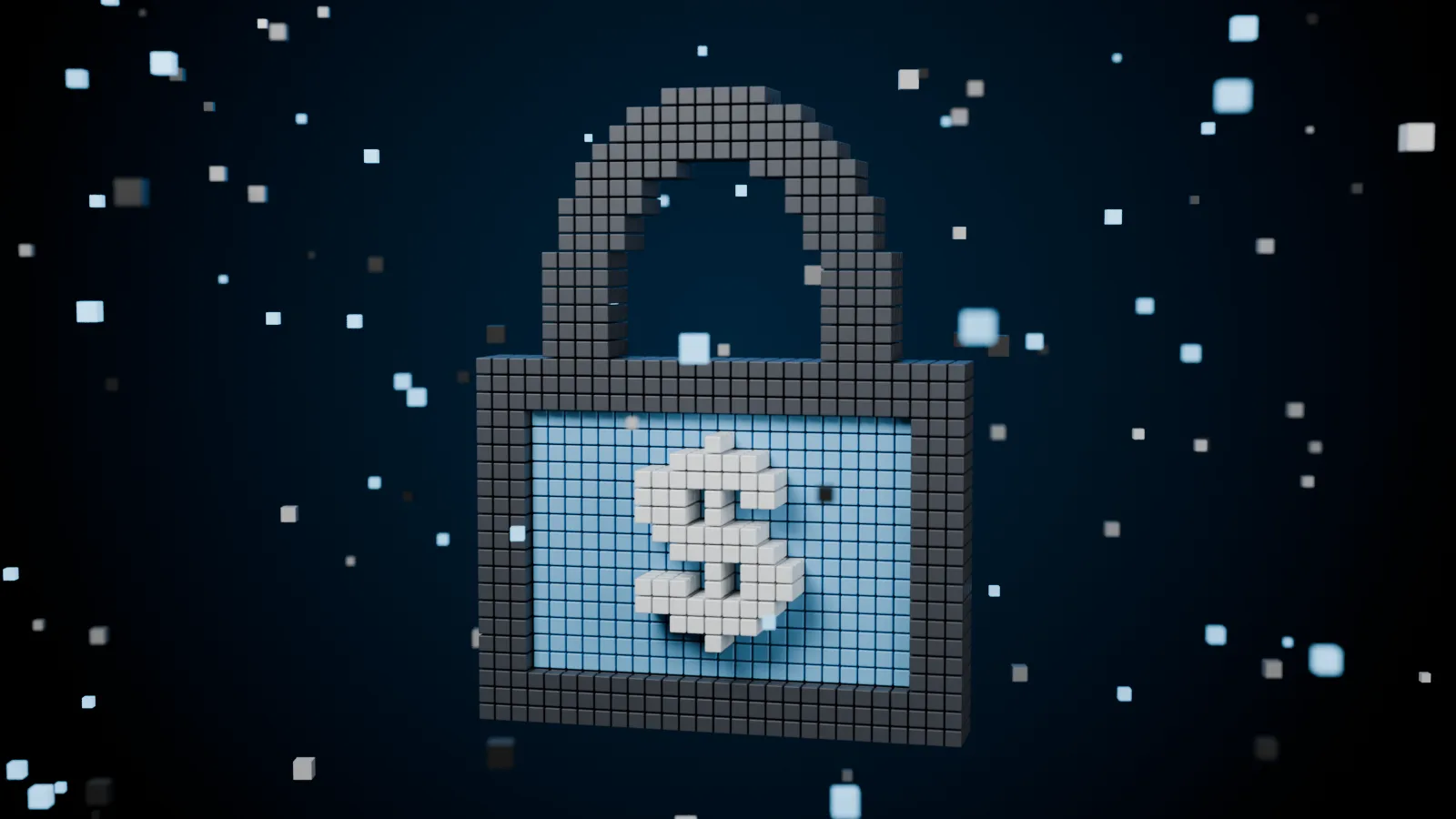 Voxel padlock in icy blue with a white dollar sign, surrounded by floating cubes on a dark background