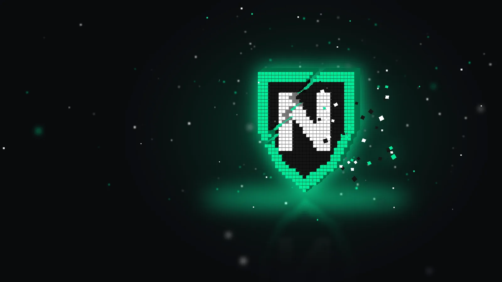 Voxel shield in black with a mint-green rim and a white letter N, cracked, with debris cubes, floating cubes on a dark background