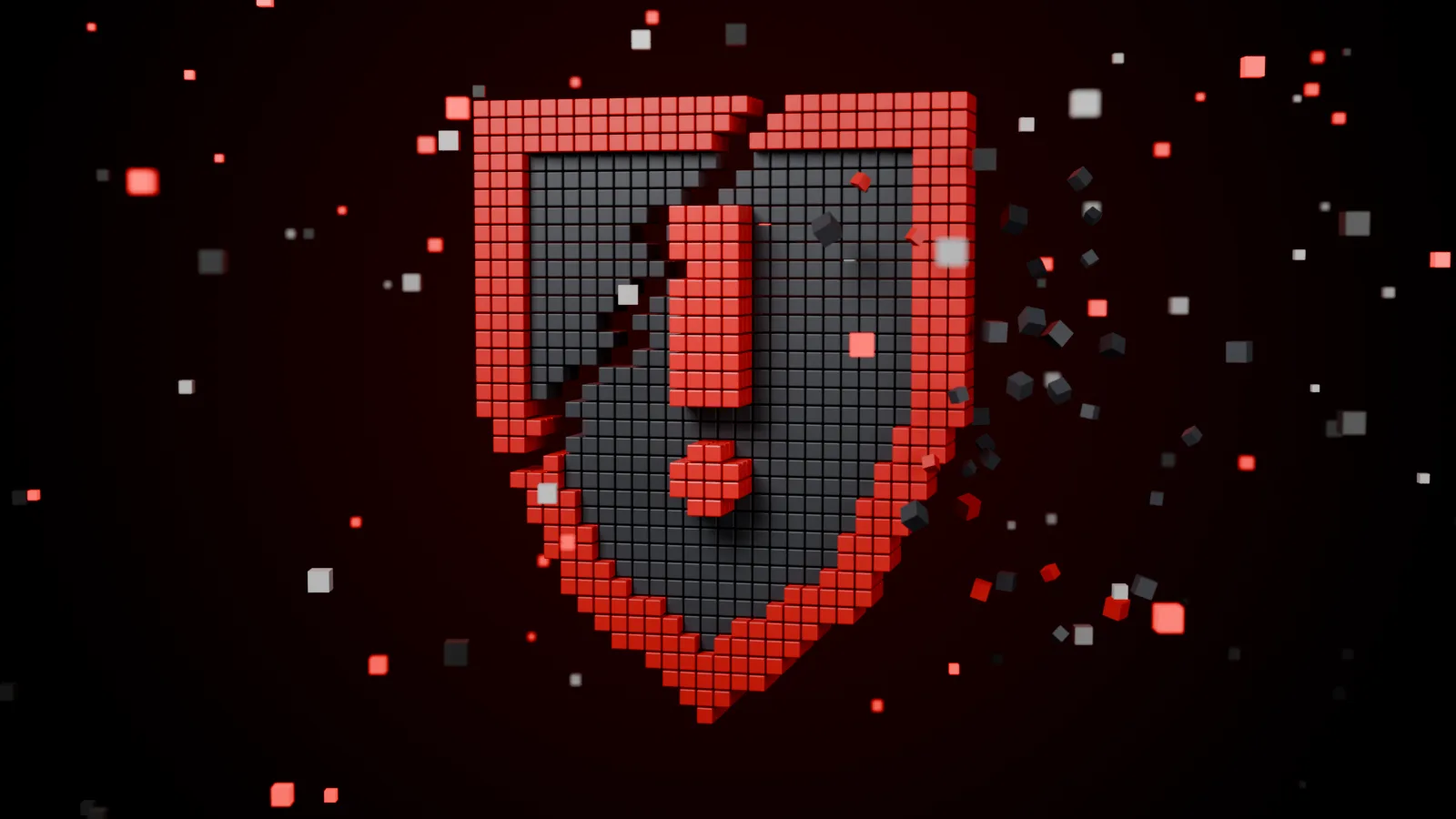 Cracked dark grey voxel shield with a red exclamation mark and scattered debris cubes on a dark red-black background