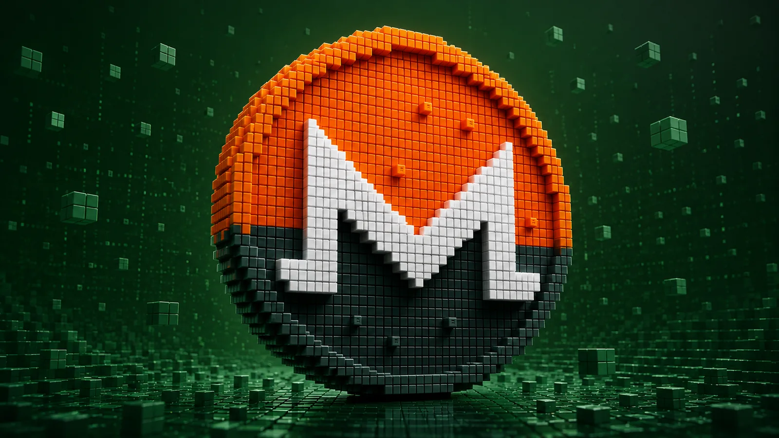 Voxel-style 3D Monero logo — orange and black pixelated sphere with white M, floating cubes on a green digital backdrop