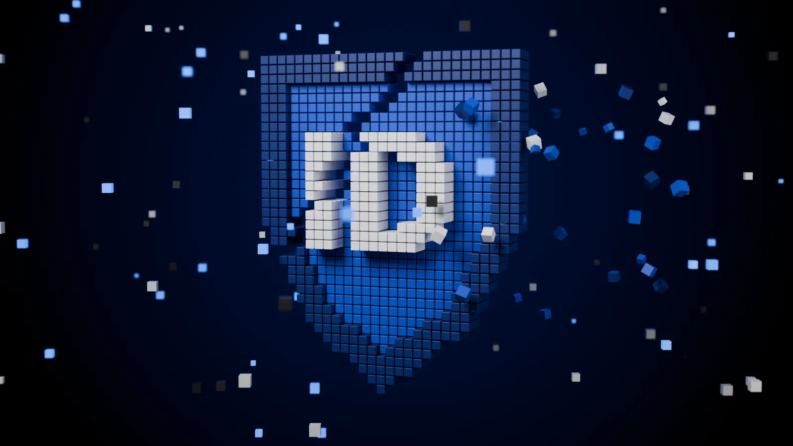 Voxel shield in deep blue with white ID letters, cracked, with debris cubes scattered on a dark background