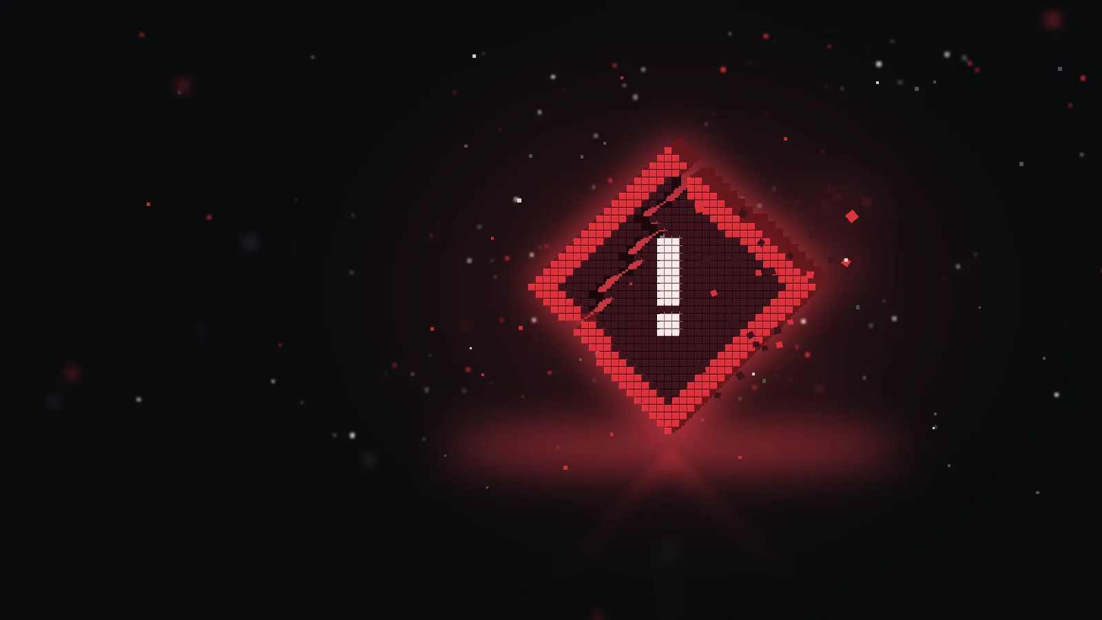 Cracked voxel diamond in dark crimson with a pale exclamation mark, debris cubes and floating cubes on a dark background