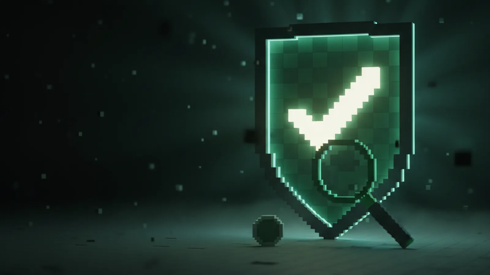 Voxel shield with a glowing checkmark and a magnifying glass inspecting a coin, emerald glow on a dark background