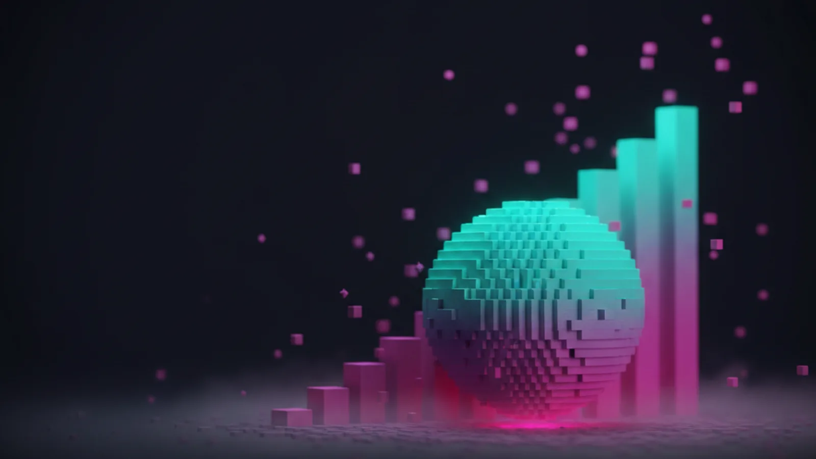 Voxel Solana logo in magenta-cyan gradient above ascending 3D throughput bar columns on a dark backdrop
