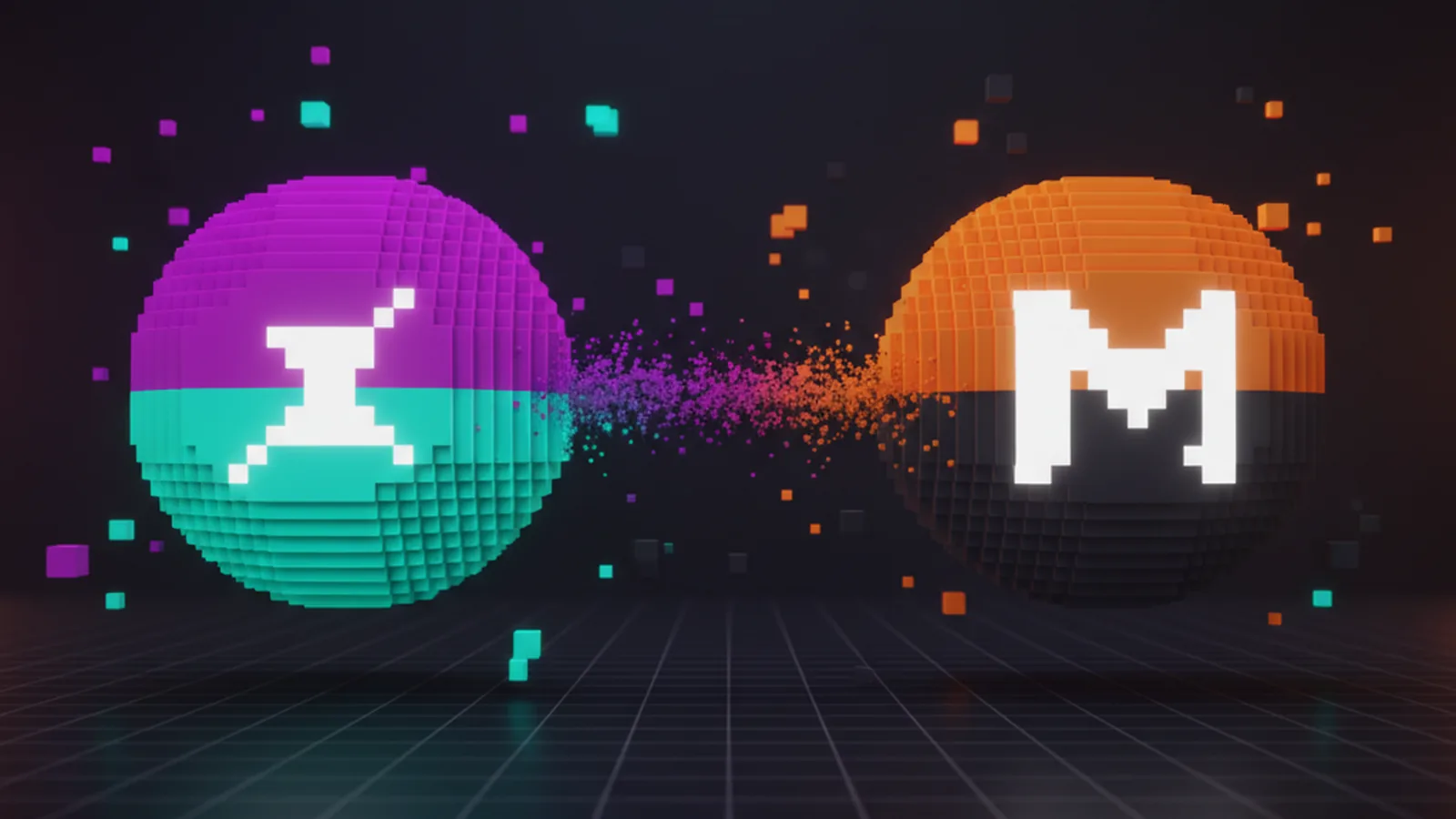 Воксельная Solana-сфера (magenta-cyan) и Monero-сфера (orange), соединённые цветным потоком voxel-частиц