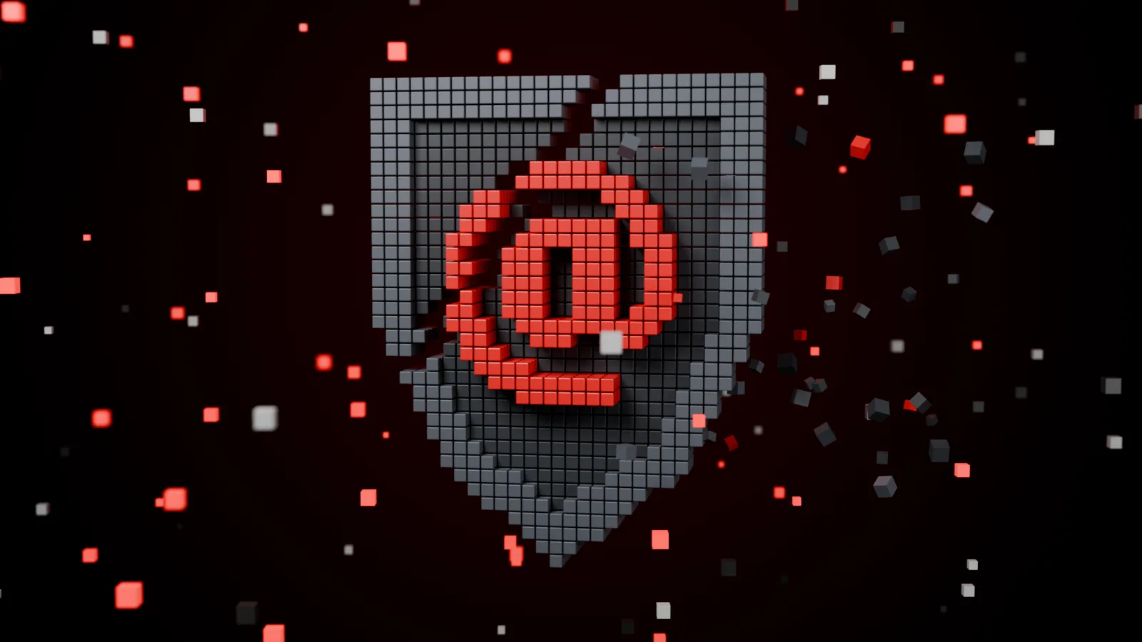 Voxel shield in dark grey with a cracked red @ sign, debris cubes scattered on a dark background