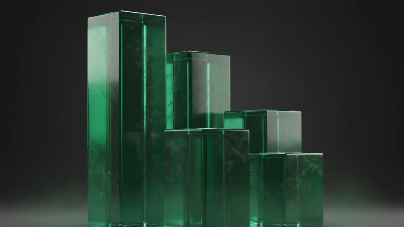 Triptych of three abstract sculptures on dark backdrop — red prism, blue cube, purple-green arc