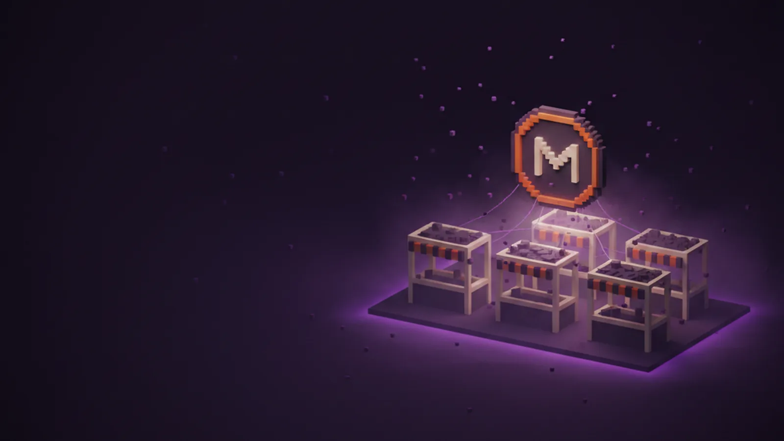 Voxel Monero marketplace scene with listings and a private XMR coin, dark background