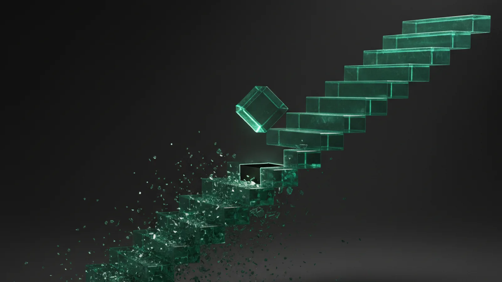 Stepped cubic sculpture rising from emerald base into shadowed grey terraces — SwapZilla brand geometry on dark backdrop