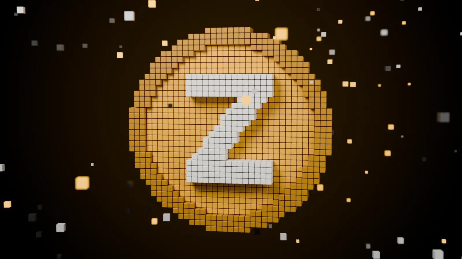 Voxel-style gold coin with a white Z symbol surrounded by floating cubes on a dark background